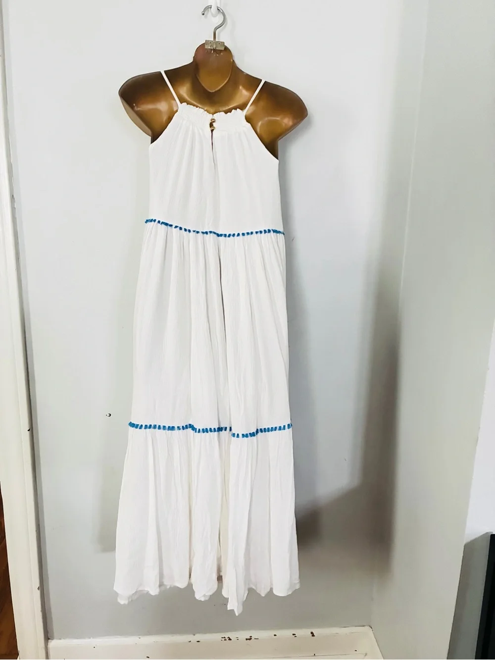 Rachel Roy White & Blue Tiered Maxi Dress Size 12 Boho Resort Vacation - Picture 4 of 6